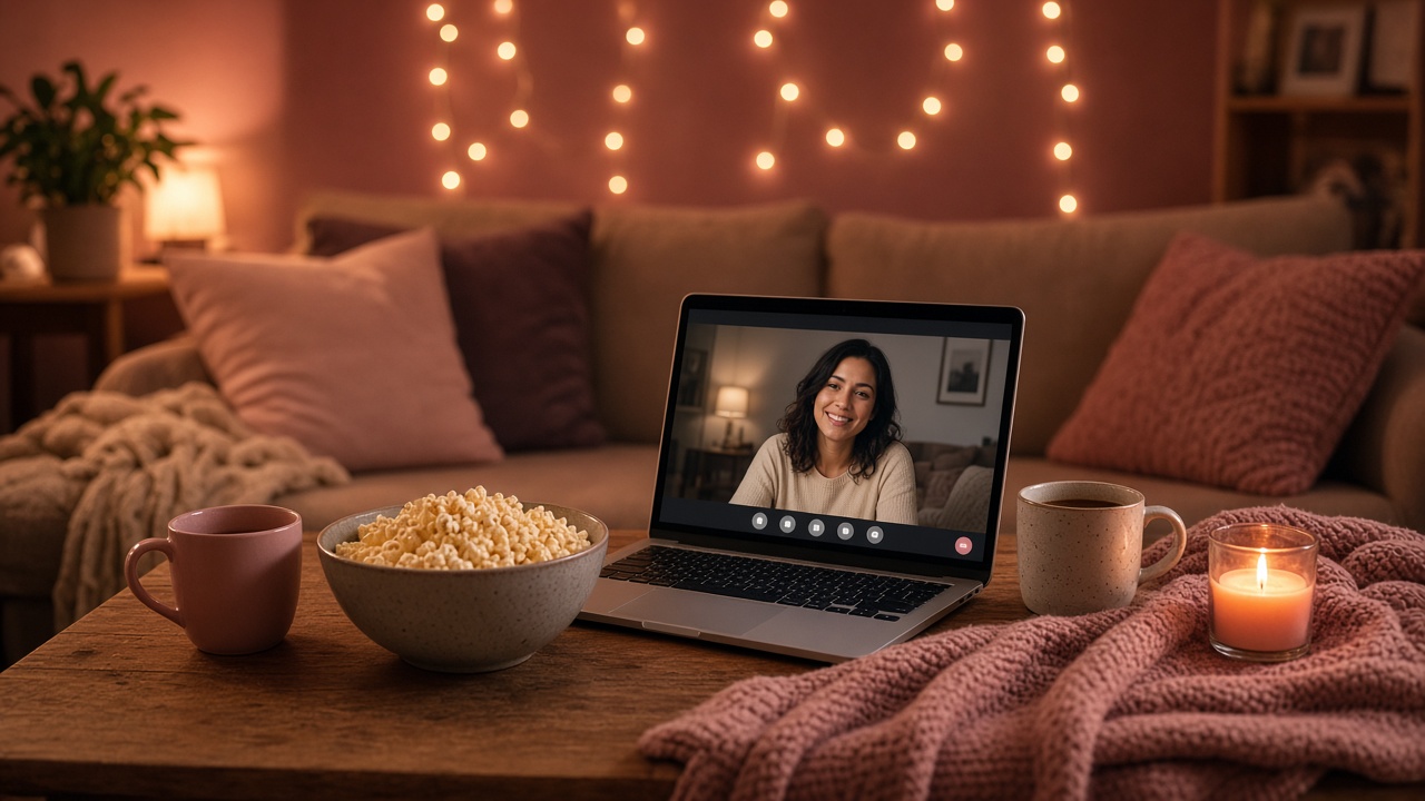 A cosy video date setup with a laptop and candle on a sofa